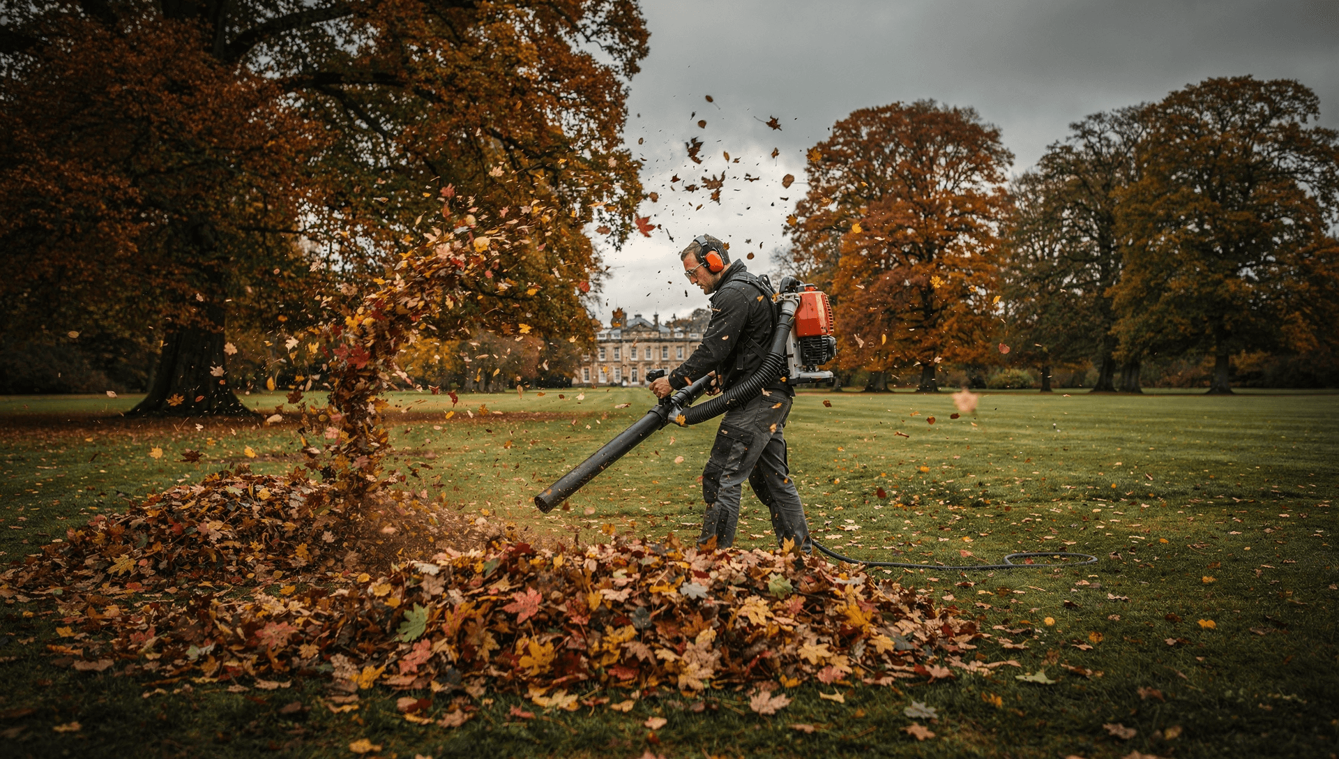 Benzin-Laubsauger im Einsatz im herbstlichen Garten